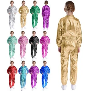 Unisex Kids Dancewear Bomber Outfits Long Sleeve Sweatsuit Shiny Dance Girls - Picture 1 of 143