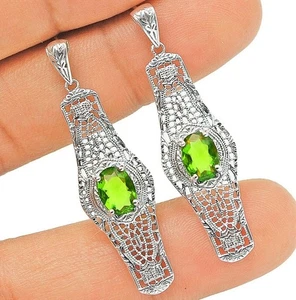 2CT Natural Peridot 925 Solid Sterling Silver Art Nouveau Earrings Jewelry  - Picture 1 of 1