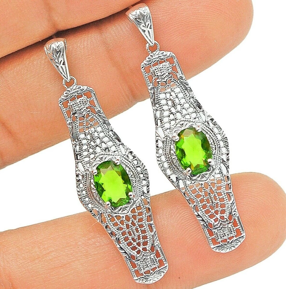 2CT Natural Peridot 925 Solid Sterling Silver Art Nouveau Earrings Jewelry  - Image 1 of 1
