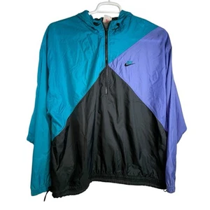 VTG 80s 90s Nike Windbreaker Jacket Colorblock Pullover 1/4 Zip Hood Nylon XL - Picture 1 of 12