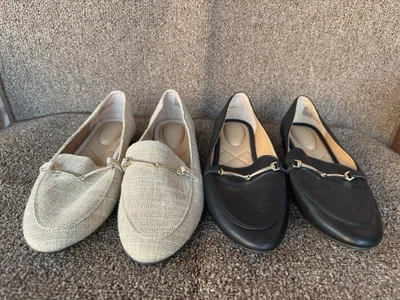 Mocasines planos Rachel Zoe AXE para mujer 2 pares negros y crema 9 brocas acento usados en excelente estado Foto 1 de 4