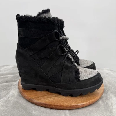 Sorel Wedge Boots Womens 9 Black Gray Suede Shearling Lace Up Winter Lug Sole - Image 1 of 4