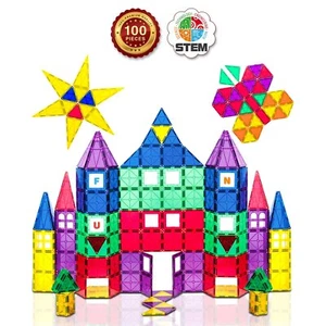 Playmags 100-Piece Magnetic Tiles Building Blocks Set, 3D Magnet Tiles for Kids - Picture 1 of 8