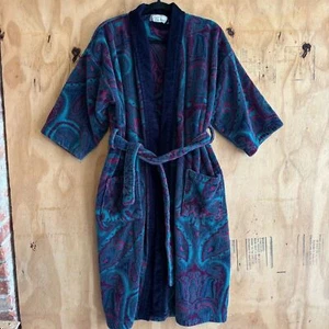 Vintage TJ Lawford Paisley Print Teal Belted 100% Cotton Turkish Robe One Size - Picture 1 of 6