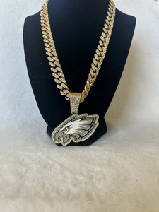 Philadelphia Eagles Football Bling Gold Necklace Fashion Cubic Zirconia Chain - Picture 1 of 3
