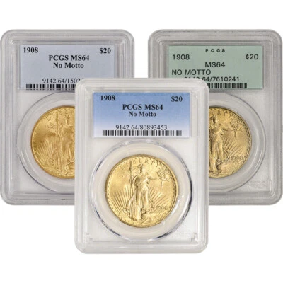 Oro EE. UU. $20 Saint-Gaudens Doble Águila PCGS MS64 1908 Sin Lema Etiqueta Aleatoria Foto 1 de 3