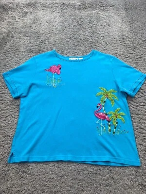 Top Breckenridge para mujer 1X camisa tópica bordada flamenco lentejuelas azul aguamarina de colección Foto 1 de 4