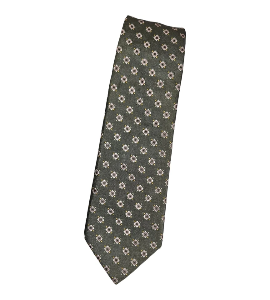 GIANFRANCO FERRE 男式 100% 真丝领带豪华领带绿色几何图案 W:2.7 英寸二手状况完好 — 第 1/4 张图片