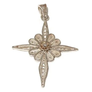 Vintage Sterling Silver Filigree Floral Cross Brooch or Pin, 1 3/8" x 2" Tall - Picture 1 of 3
