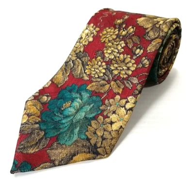 Corbata De Colección Oleg Cassini Lujo Rojo Azul Dorado Colorido Tejido Floral Patrón Corbata Foto 1 de 4