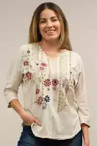 NWT Caite Kyla Seo Mally Top Birch Ivory Henley V-Neck 3/4 Sleeve Blouse S Small - Picture 1 of 11