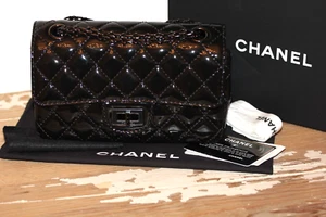 CHANEL Rectangle Quilted Mini Patent *SO BLACK* 2.55 Reissue Chain Bag RARE +BOX - Picture 1 of 24
