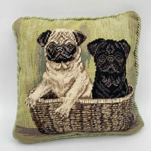 Needlepoint Pug Dog Puppies Woven Basket Breed Sibling Pair 13” Pillow - Picture 1 of 9