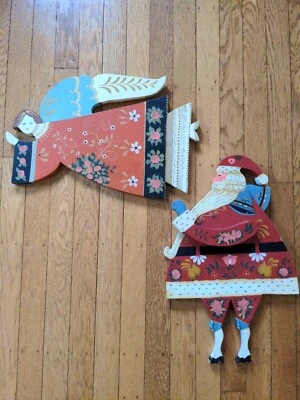 Folk Art Angel & Santa Large Wood Hand-Painted Christmas Decor - Image 1 of 4