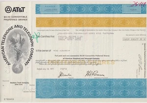 American Telephone & Telegraph Company 1971 certificado de acciones preferido - Imagen 1 de 1