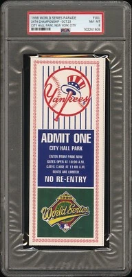 1998 NEW YORK YANKEES WORLD SERIES PARADE FULL TICKET 24TH CHAMPIONSHIP PSA 8 (5 - Image 1 of 2