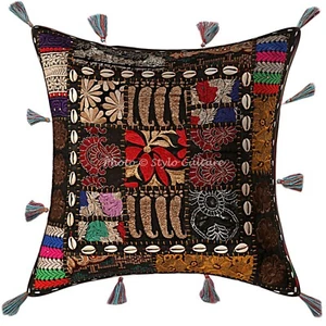 Indian Cotton Sofa Throw Pillow Black 43x43 cm Patchwork Floral Cushion Cover - Picture 1 of 3