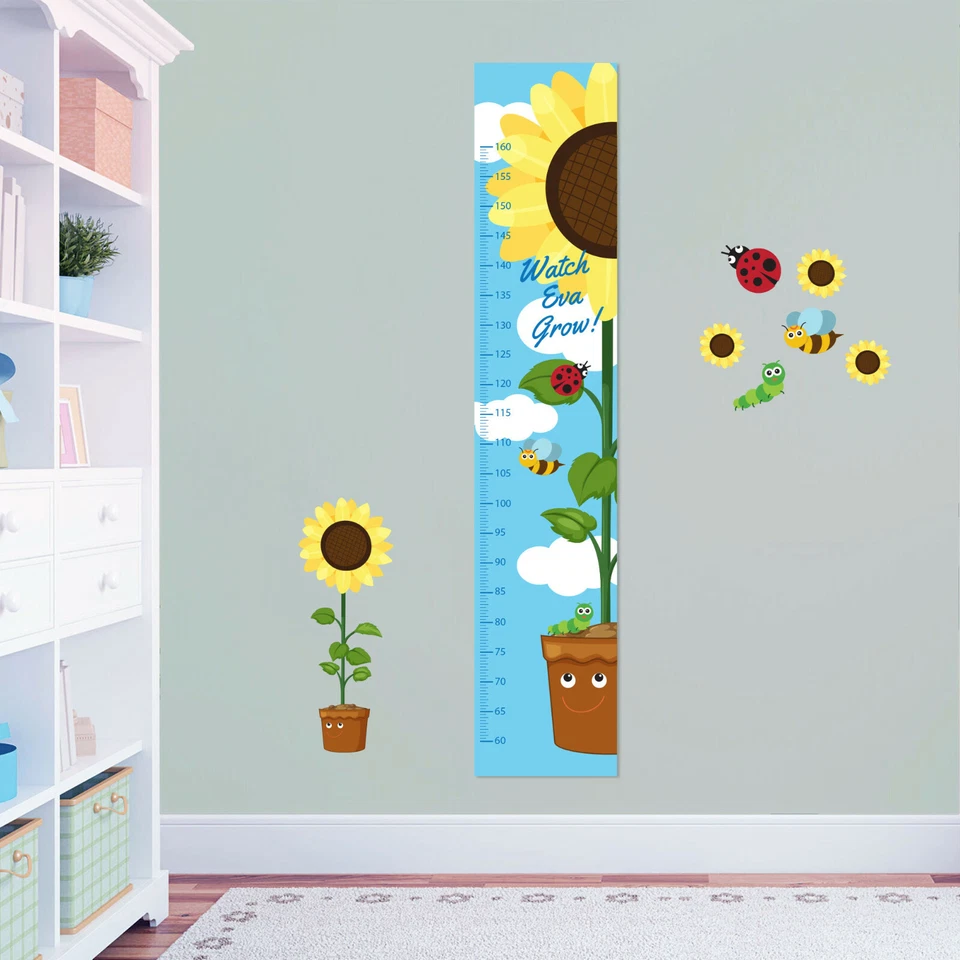 Lindo gráfico de altura personalizado girasol jardín Ladybird + 8 pegatinas de pared  Foto 1 de 4