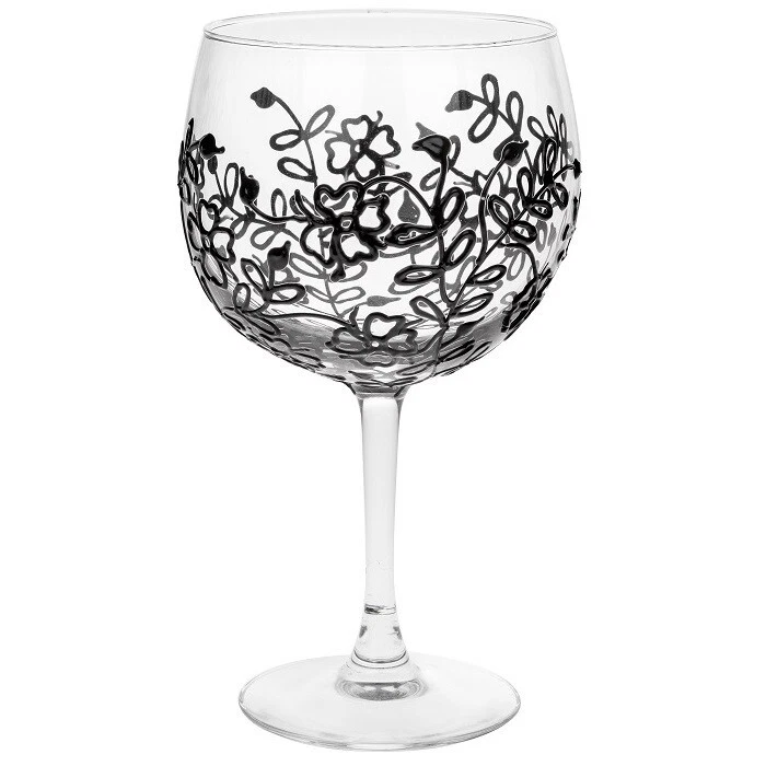 Sunny By Sue Black Flower Decorated Gin Balloon Glass Gift Boxed - Image 1 of 1