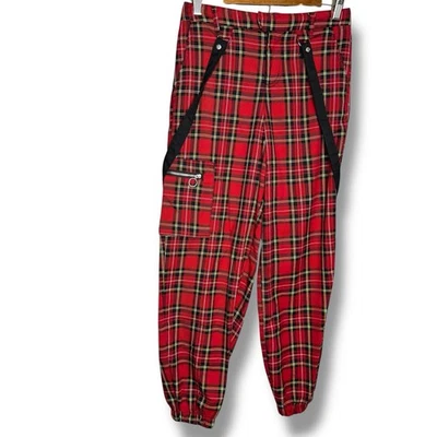 Pantalones de paracaídas Hot Topic para mujer talla 3 rojos a cuadros cargo con tirantes Foto 1 de 4