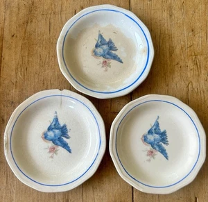3 VINTAGE Homer Laughlin BLUEBIRD Butter Pat Bird in Middle~CHIPPY & STAINED - Picture 1 of 10
