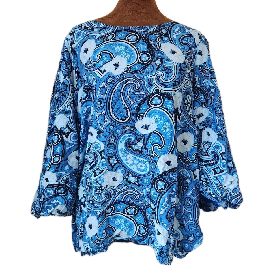 Talbots Топ Размер XL Синий Пейсли Принт Поповер Блузка Puff Рукав Вискоза Бохо - Изображение 1 из 4