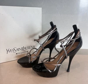 Yves Saint Laurent Rive Gauche Patent Leather Heels Sandals Navy Blue 38.5 YSL - Picture 1 of 18