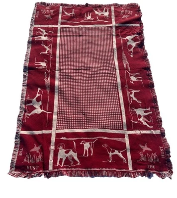 Manta de tapiz tejida vintage “The Hunt” perros de Judi Boisson roja y blanca Foto 1 de 4