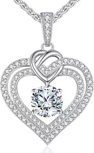 Sparkling Love Heart Moissanite Necklaces for Women, D Color VVS Moissanite Diam - Picture 1 of 12