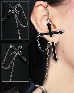 Black Cross (2" Earring) w/ chain wrap cuff, gothic punk rock goth earrings, 1PC - Picture 1 of 6