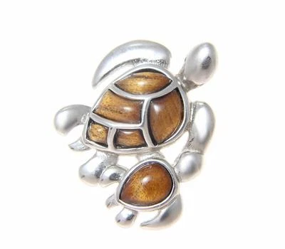 COLGANTE TOBOGÁN MADRE BEBÉ TORTUGA MARINA MADERA KOA HAWAIANO INCRUSTACIÓN GENUINA PLATA 925 Foto 1 de 2