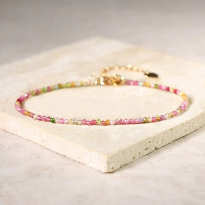 Natural Watermelon Tourmaline Healing Reiki Crystal Minimalist Dainty Bracelet - Image 1 of 4