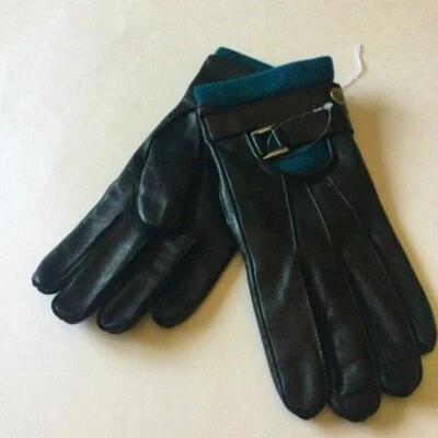 LUVAS DE COURO MASCULINAS PORTOLANO PRETAS COM FORRO DE LÃ/CASHMERE AZUL-PETRÓLEO MÉDIAS NOVAS SEM ETIQUETAS - Imagem 1 de 4