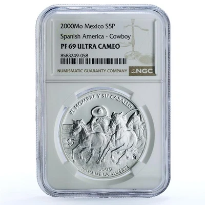 Mexico 5 pesos Cowboy KM-670 Ibero-American Horse PF 69 NGC silver coin 2000 - Image 1 of 4