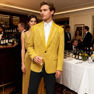 Nueva chaqueta de gamuza para hombre Abrigo de solapa de cuero PU Blazers de un solo pecho para boda Foto 1 de 4