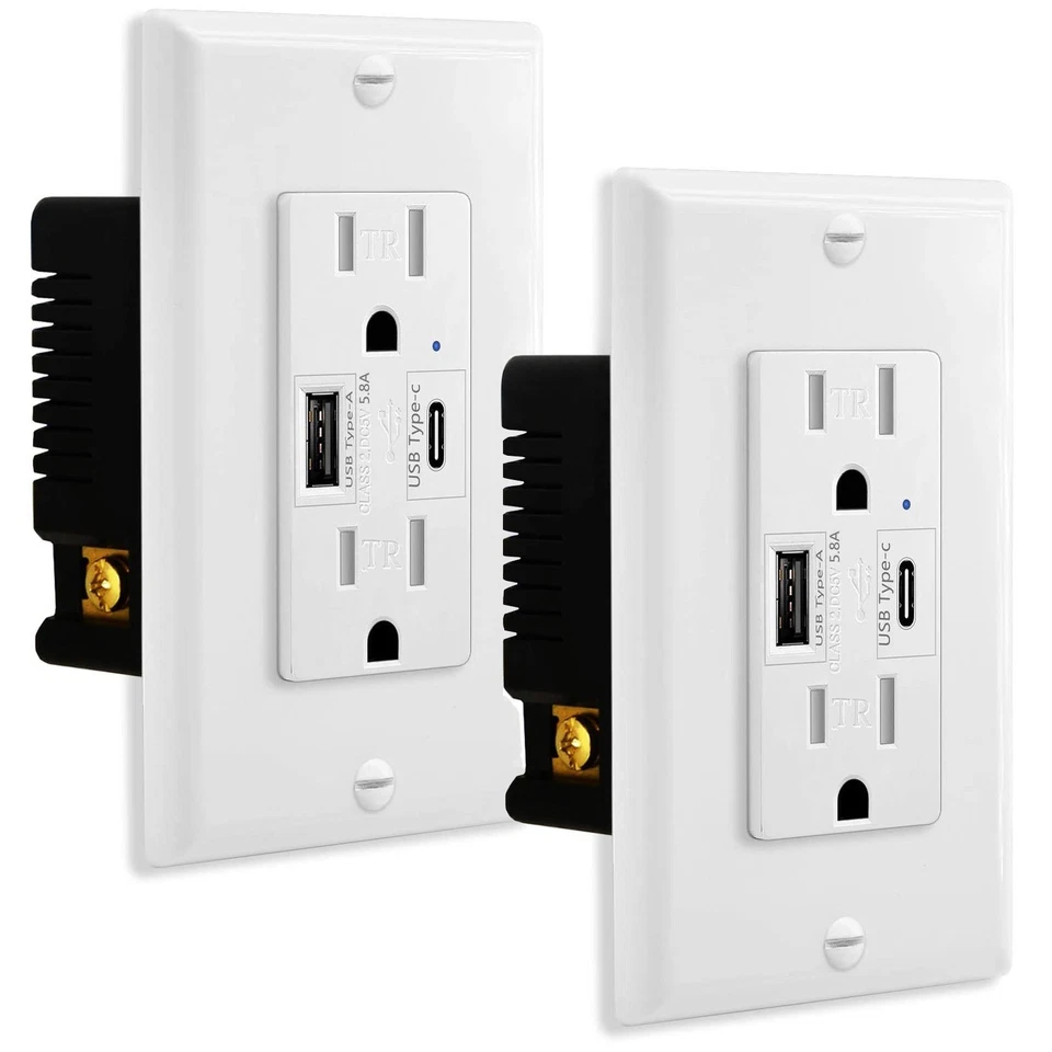 Cargador USB doble tipo C de 15 amperios pared 2 salidas resistente a manipulaciones receptáculo dúplex Foto 1 de 4