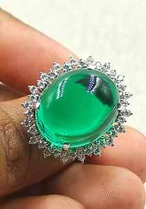 Huge Cabochon Shape Clear Green 36.51CT Emerald With Sparkling CZ Cluster Ring - Picture 1 of 6