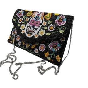 Colorful Sugar Skull Day of the Dead Black Beaded Evening Bag - Picture 1 of 4