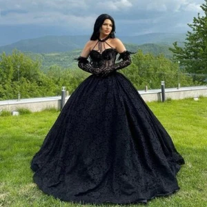 Gothic Black Lace Wedding Dresses Beading Sweetheart Halter Neck Bridal Gowns - Picture 1 of 5