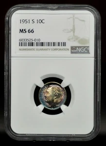 1951-S NGC MS66 Vibrant Toned Silver Roosevelt Dime [061DUD] - Picture 1 of 5