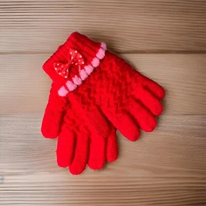 Toddlers Girls Red Knitted Gloves with Bows New without Tags - Picture 1 of 4