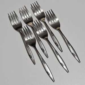 6 Oneida Ltd Rose Duet Salad Forks 6" stainless flatware USA vintage - Picture 1 of 7