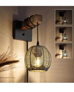 Plug-in Wall Sconce Vintage Wall Sconce Handmade Rattan Lampshade Lamp Bedroom - Picture 1 of 2