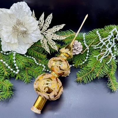 Gold Glass Tree Topper – Handmade Christmas Ornament with Glitter and Gems - Image 1 of 4