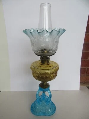 Rare 19th Century Cut Glass Cathedral Blue & Amber Oil Lamp w/ Etched Shade - Image 1 of 4