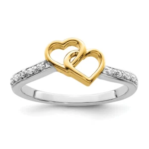 14K Solid Two Tone Gold Double Heart Diamond Ring - Picture 1 of 11