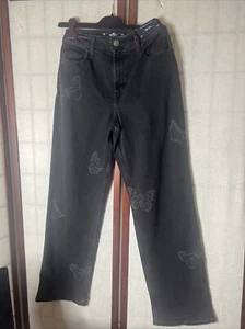 Pantalones de mezclilla Hollister de tiro ultra alto lavados negros con estampado de mariposa papá boho EE. UU. W25S - Imagen 1 de 7