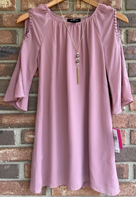 Amy Byer 派对正式礼服喇叭袖露肩粉色淡紫色女孩 10 码 — 第 1/4 张图片