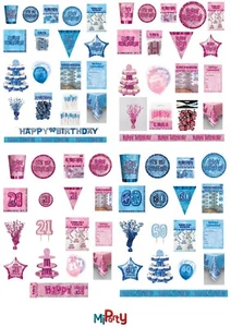 Birthday Glitz Blue / Pink Party Range, Plates/Napkins/Banners/Cups 13th - 100th - Picture 1 of 27