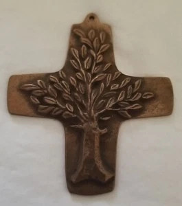 Rare Brass Bronze Cross Crucifix With Tree 4" Long X 3.5" Wide Hanging - Picture 1 of 4